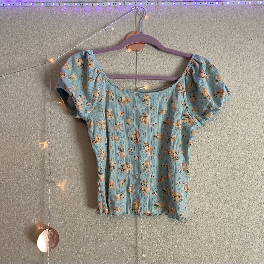 Pink Rose Short Sleeve Lettuce Trim Cropped Top